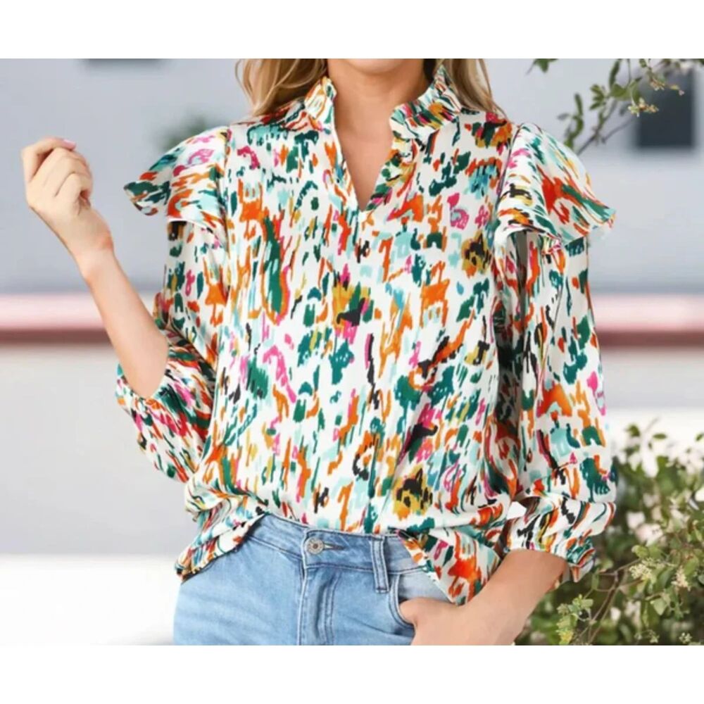 Abstract Ikat Print Ruffle Blouse Womens Size M Multi Color Flutter Top V Neck